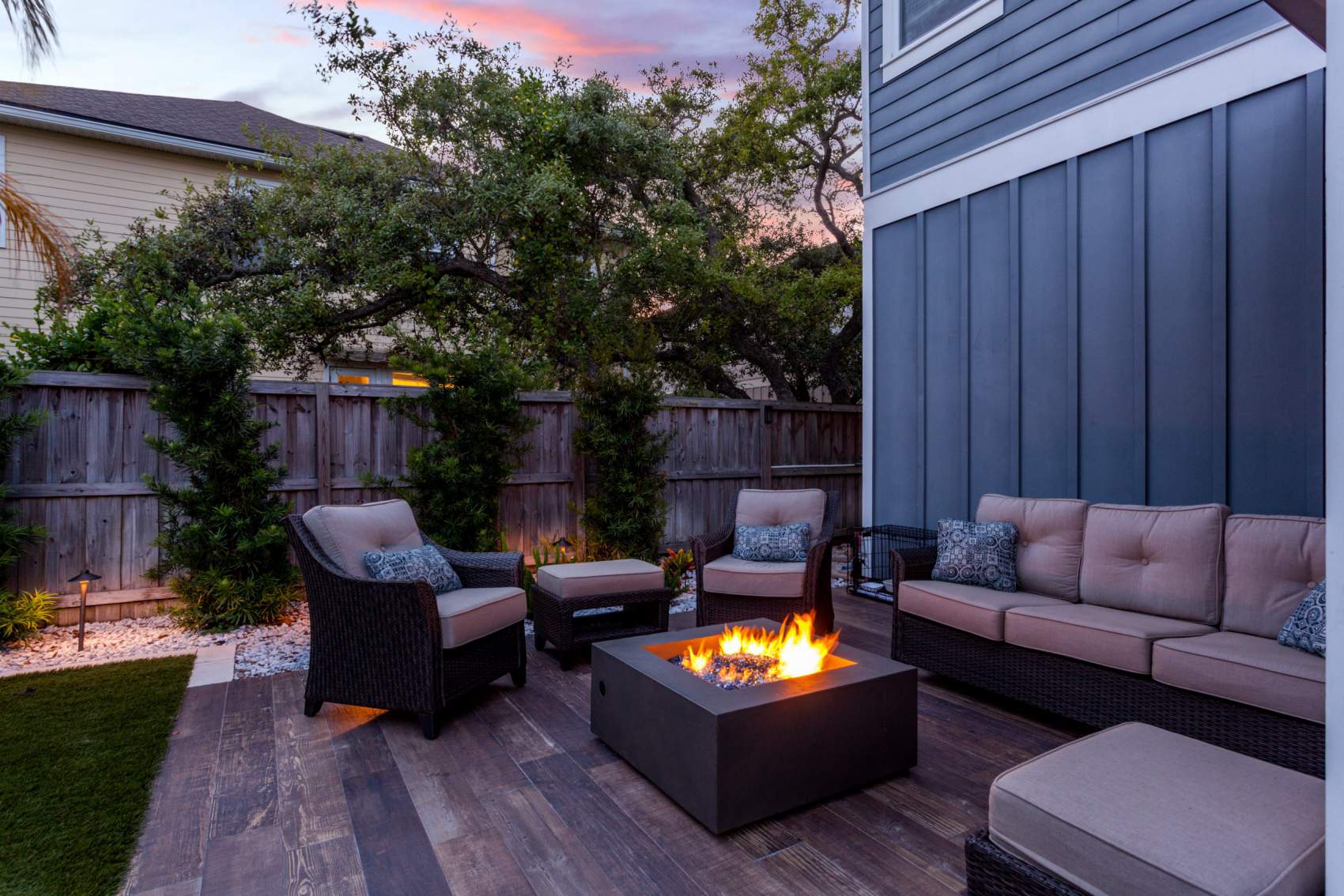Beautiful backyard firepit at dusk